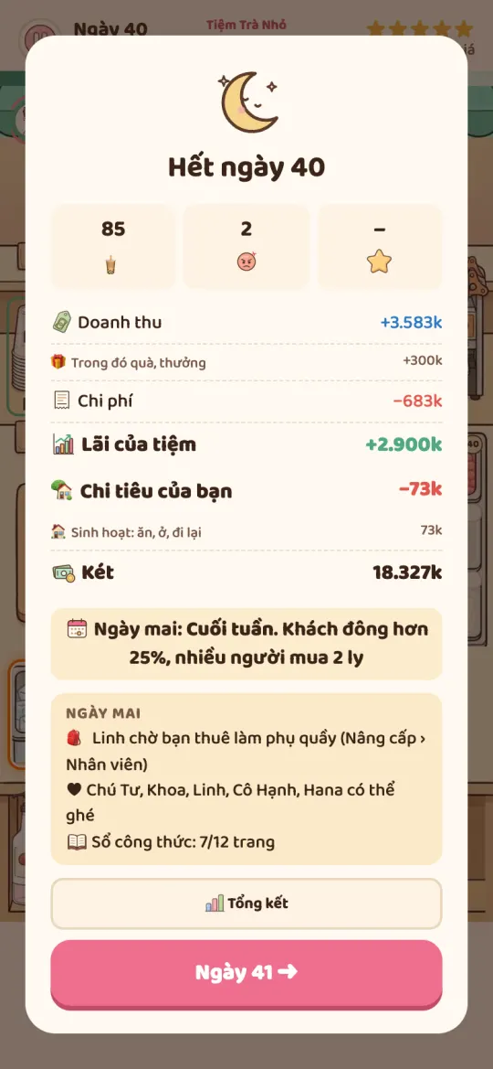 Thẻ cuối ngày: 85 ly, doanh thu, chi phí, lãi của tiệm