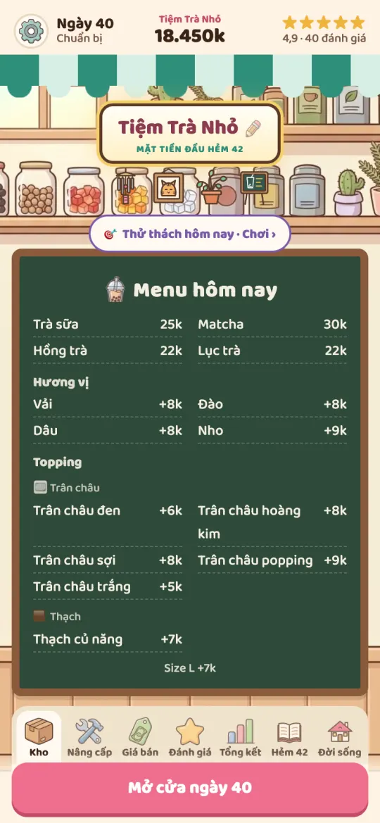 Màn hình chuẩn bị: bảng menu hôm nay với giá từng món